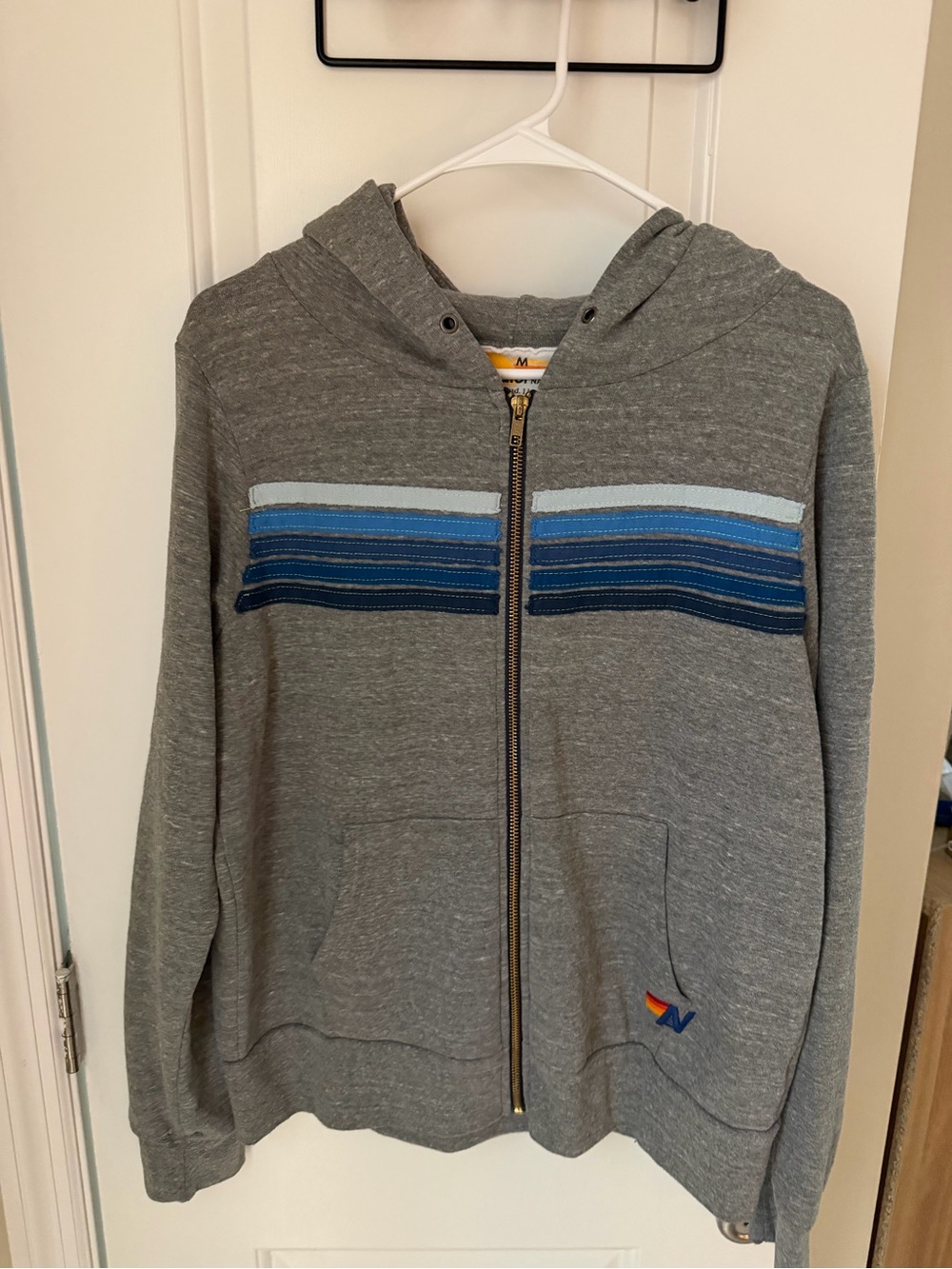 Aviator Nation Gray Zip Hoodie with Light and Dark Blue Stripes